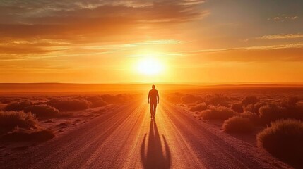 Person walking long straight road that stretches into silhouette of runner