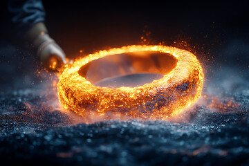A glowing molten ring held above a shimmering surface, creating a dramatic visual effect.