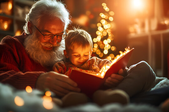 Gro&szlig;vater liest seinem Enkel eine Weihnachtsgeschichte vor, umgeben von festlicher Beleuchtung
