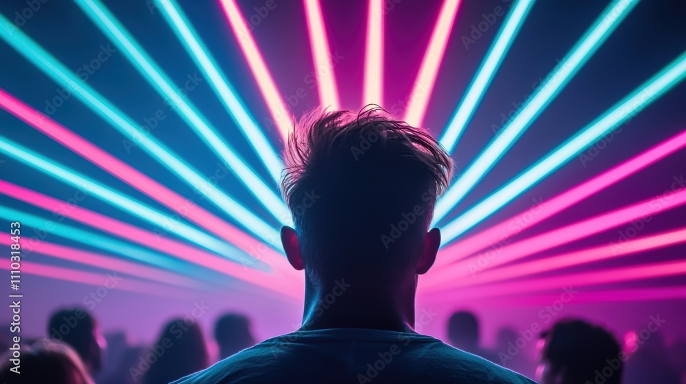 Poster vivid laser beams in multiple colors dancing across a crowd of people at a concert, creating a high 