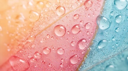 Natural transpiration. A close-up of colorful droplets on a leaf, showcasing vibrant hues and the beauty of nature's textures.