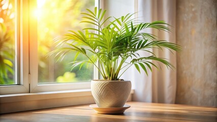 A potted palm tree in a white pot sits on a wooden table, bathed in warm sunlight streaming through a window.