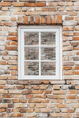 White-framed window in aged brick wall.
