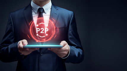 Businessman touching a virtual screen Peer-to-Peer (P2P) Cryptocurrency Exchange and Interaction. P2P cryptocurrency exchange,  P2P transactions, peer-to-peer