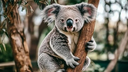 Naklejka premium Close-up koala bear sitting tree branch facing camera