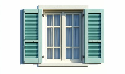 Teal shutters flank a cream window, wall background.