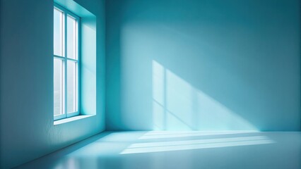 Fototapeta premium A single window in a blue room with natural light streaming in, illuminating the wall with soft shadows.