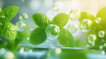 Natural transpiration. A vibrant composition of green leaves surrounded by bubbles, conveying freshness and nature's beauty.