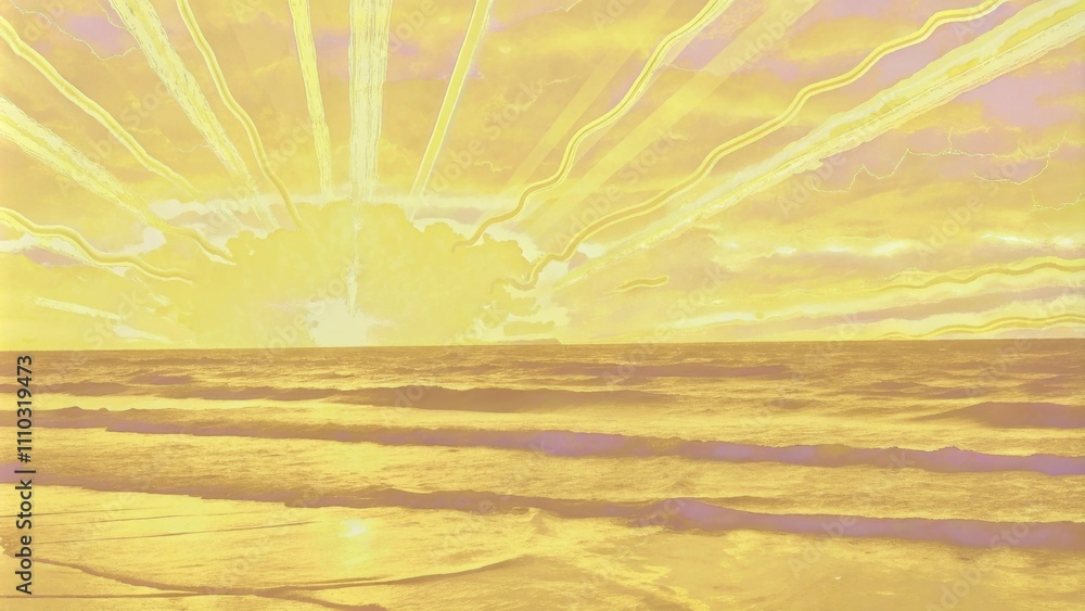 Poster a broad ocean scene at sunset where vibrant hues of orange and pink blend into soft blues. rays of s