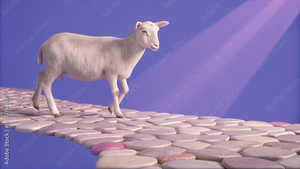 Poster a brilliant lamb steps forward on a path made of shimmering stones each one reflecting various hues 