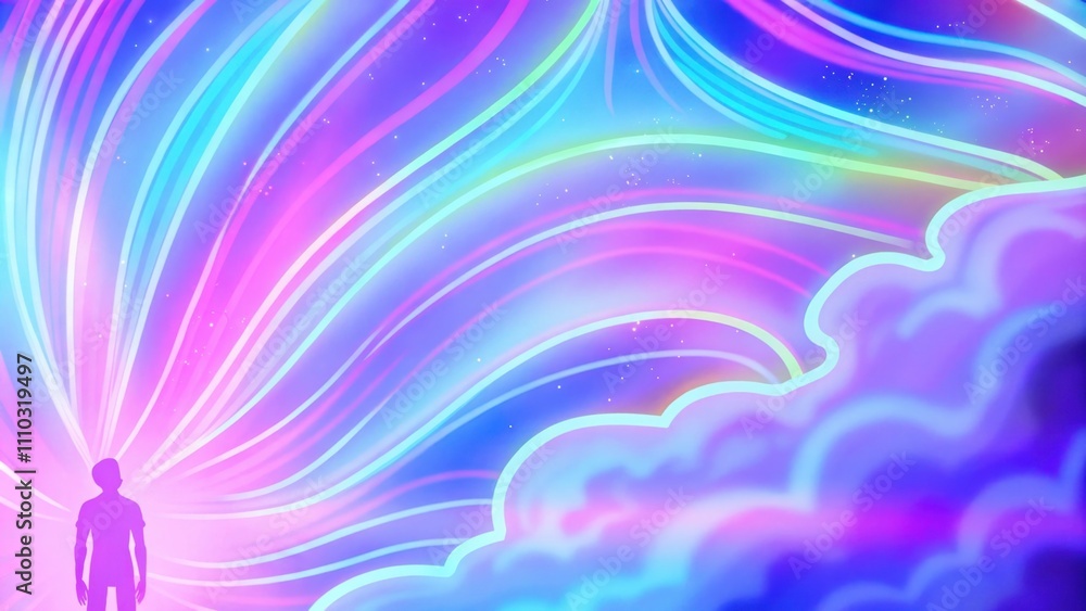 Poster a burst of iridescent colors merging into one another resembling an explosion of light. the forms of