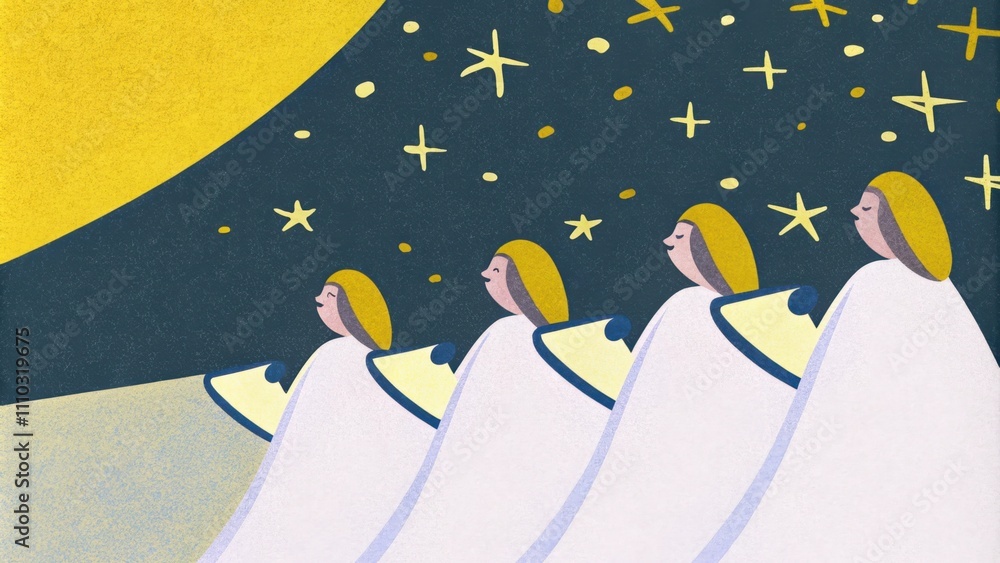 Poster a choir of celestial beings hovers in an expansive starlit sky. each angel holds a shimmering crysta