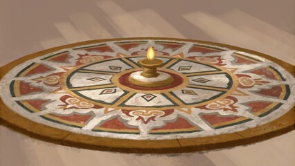 A circular mandala made of intricate patterns in bold hues radiating outward. In the heart of the mandala a golden flame flickers representing the warmth and light that forgiveness. Cartoon