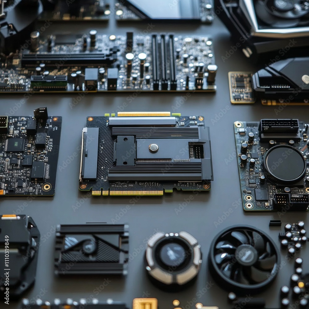 Fototapete frame of graphics card and other computer hardware on grey textured table, flat lay. space for text