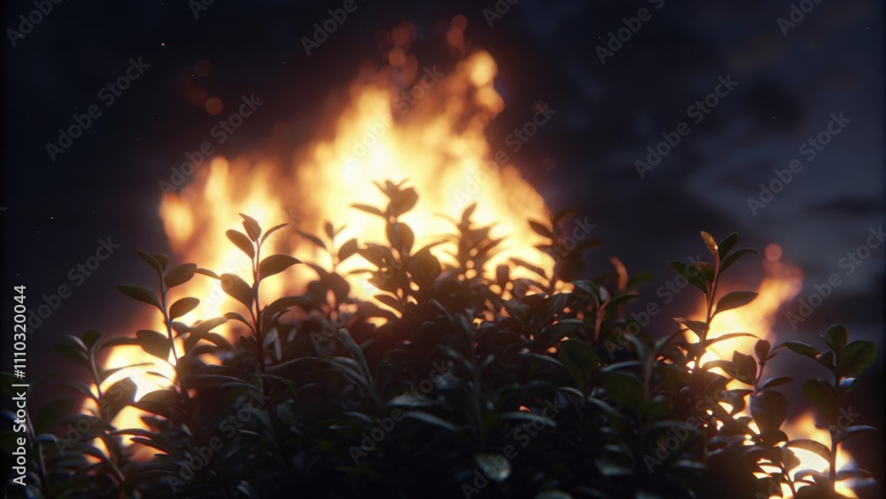 Poster A closeup view of the flames cascading over the bush showcasing the interplay of light and shadows. The edges of the leaves are highlighted by the fiery glow while the inner parts. Cartoon