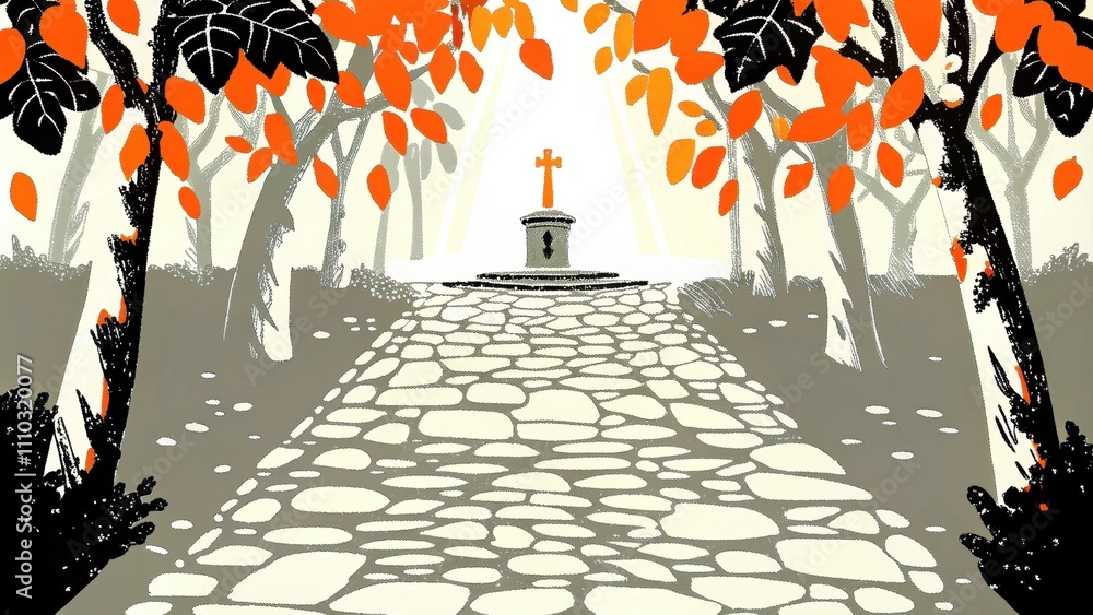 Poster a cobbled path within an ivycovered courtyard where bursts of golden light filter through the leaves