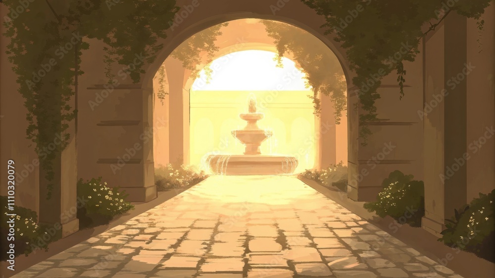 Poster a cobblestone path worn smooth by time ss through an ancient ivycovered archway that leads to an inv