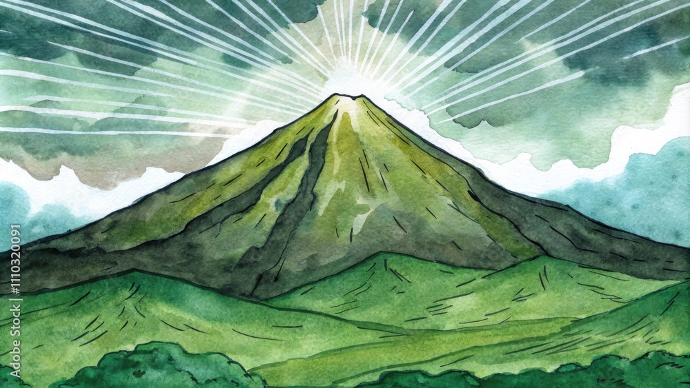 Poster a commanding view of a high mountain is captured at midday where varying shades of green and brown c