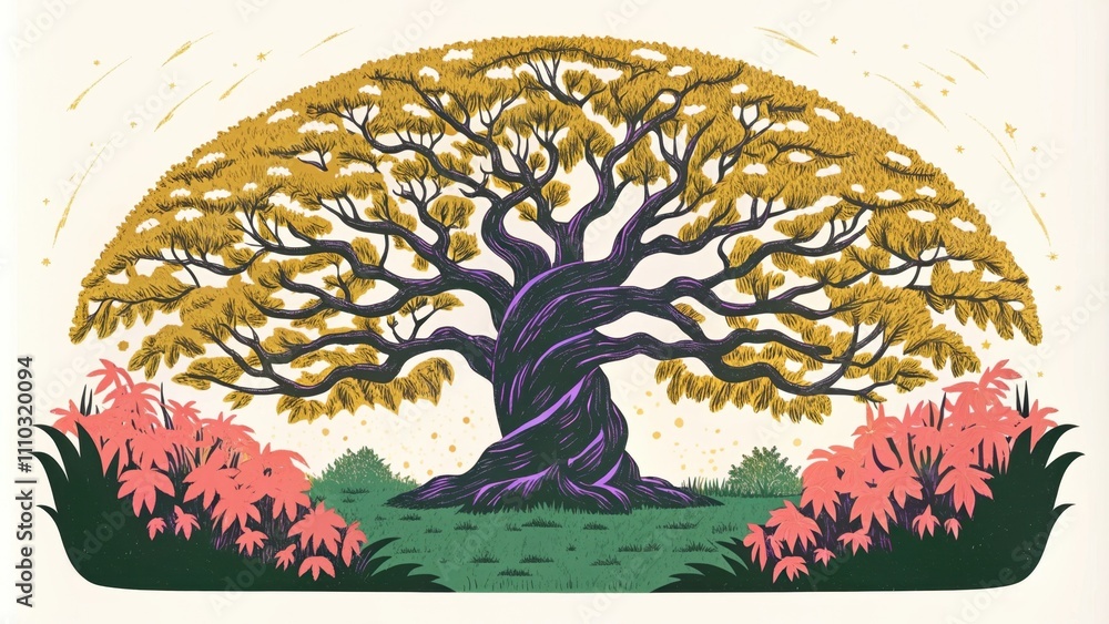 Poster a colossal tree of life with a twisted ancient trunk stands tall amidst a riot of color. the leaves 
