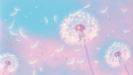 Obraz premium A collection of dandelion seeds suspended in midair against a dreamy pastel backdrop. As they drift apart they symbolize the act of releasing grudges into the wind allowing. Cartoon