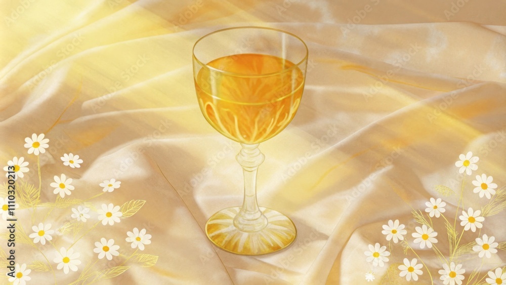 Poster a crystal chalice rests on a white linen cloth overflowing with a glowing amber nectar that glistens