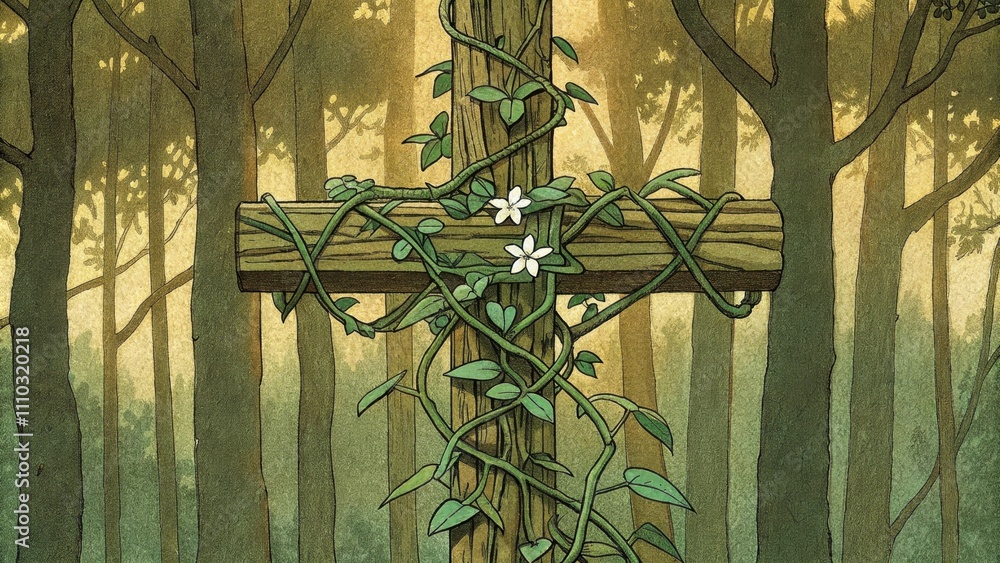 Poster A delicate wooden cross is draped in slender green vines with tiny white flowers that peek through the foliage creating a harmonious blend of life and spirituality. The backdrop. Cartoon