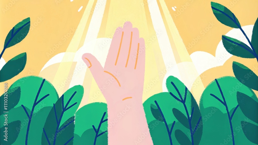 Poster A depiction of a reaching hand open and palmup facing the sky amid the foliage of the garden symbolizing openness to divine guidance. Sunlight breaks through the leaves. Cartoon