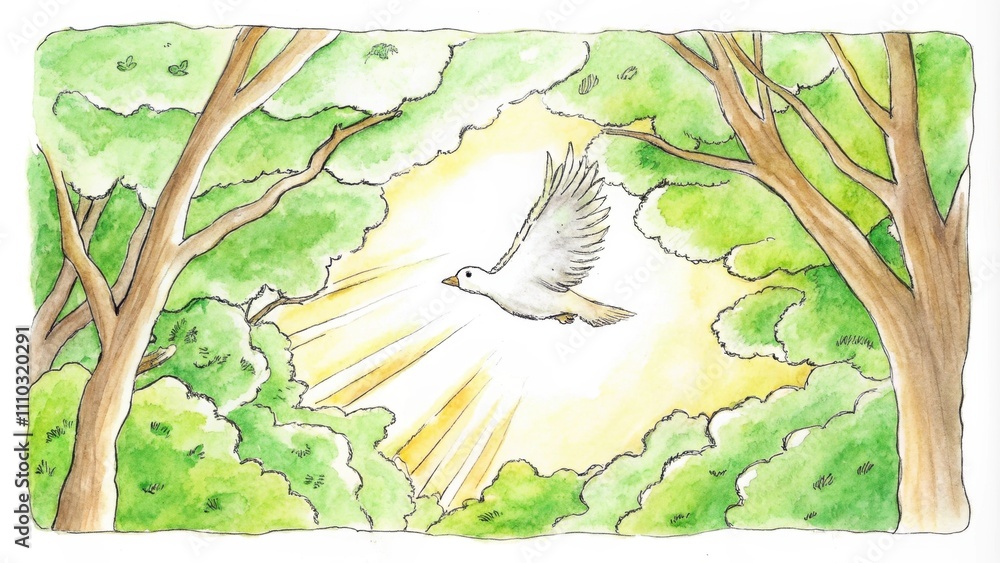 Poster A dove darts a the trees flying between thick branches adorned with lush green leaves. Sunlight filters through the foliage casting dappled shadows on the bird as it demonstrates. Cartoon