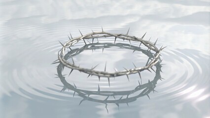 A crown of thorns suspended above a calm reflective pond. The waters surface mirrors the thorns perfectly creating a surreal image of duality. Soft ripples disturb the reflection. Cartoon
