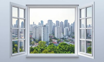 Open window; cityscape view; green trees.