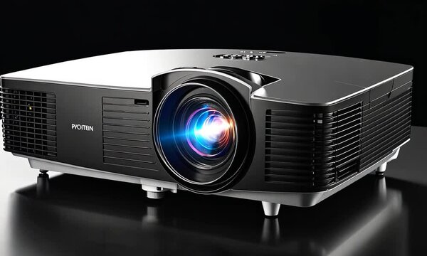 A modern projector with a colorful lens, designed for presentations and entertainment.