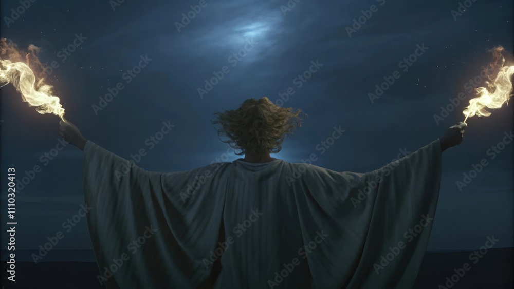 Poster a dramatic scene of a windblown figure with swirling robes and hair animated by an unseen breeze. ab