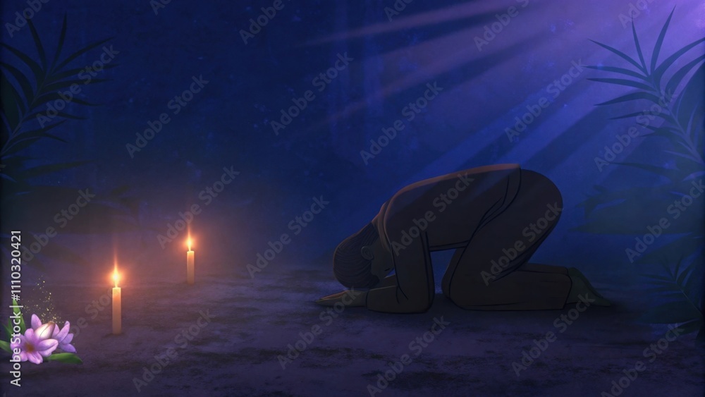 Poster a dramatic scene showing a figure prostrated on the ground heart and soul laid in prayer. the backgr