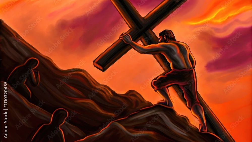 Poster a dynamic image captures the figure straining against the weight of the cross as he ascends a steep 