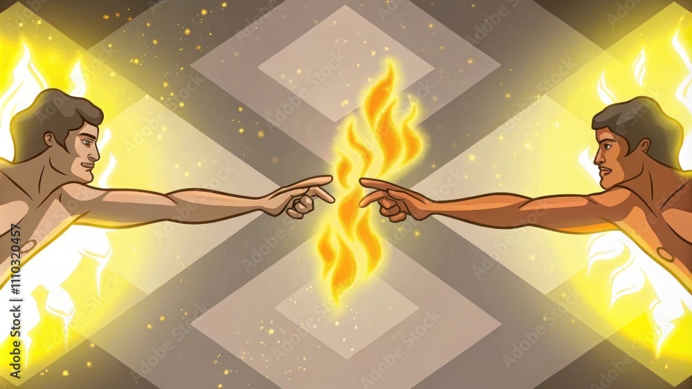 Poster a dynamic composition showcases animated figures engaging with one another radiant flames dancing at