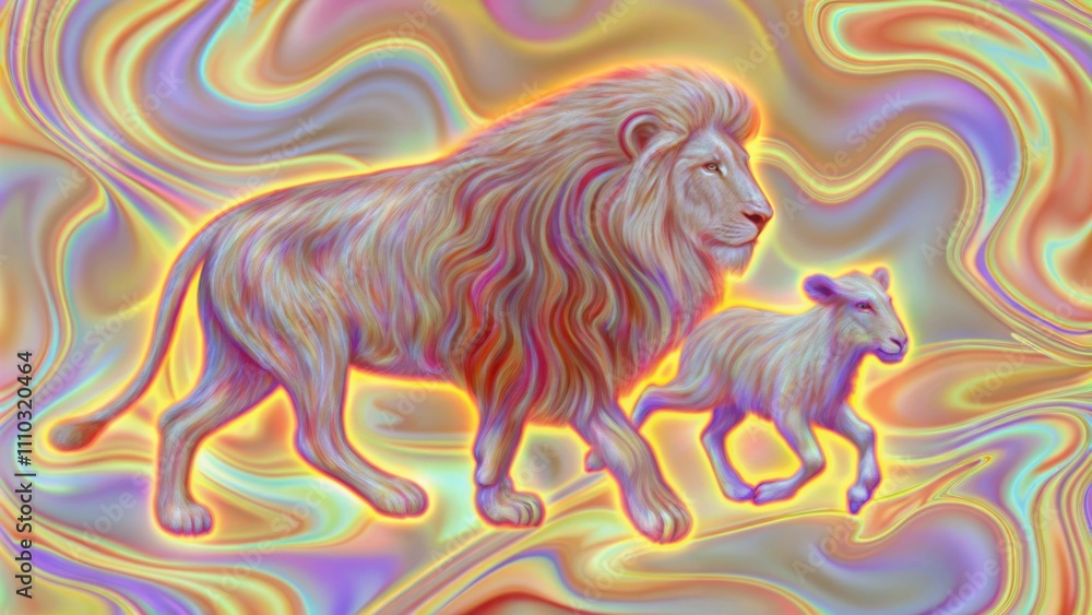 Poster a dynamic artsy scene depicts the lion and the lamb in an abstract swirl of colorsblues and golds sw