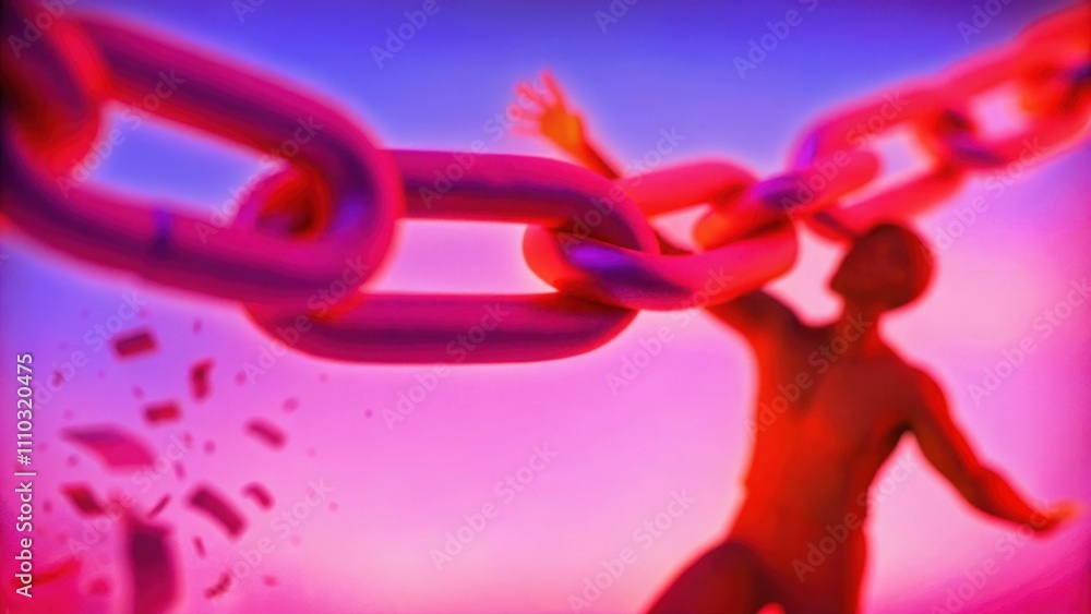 Poster a dynamic image of a person breaking free from a chain with the focus on the broken link flying thro