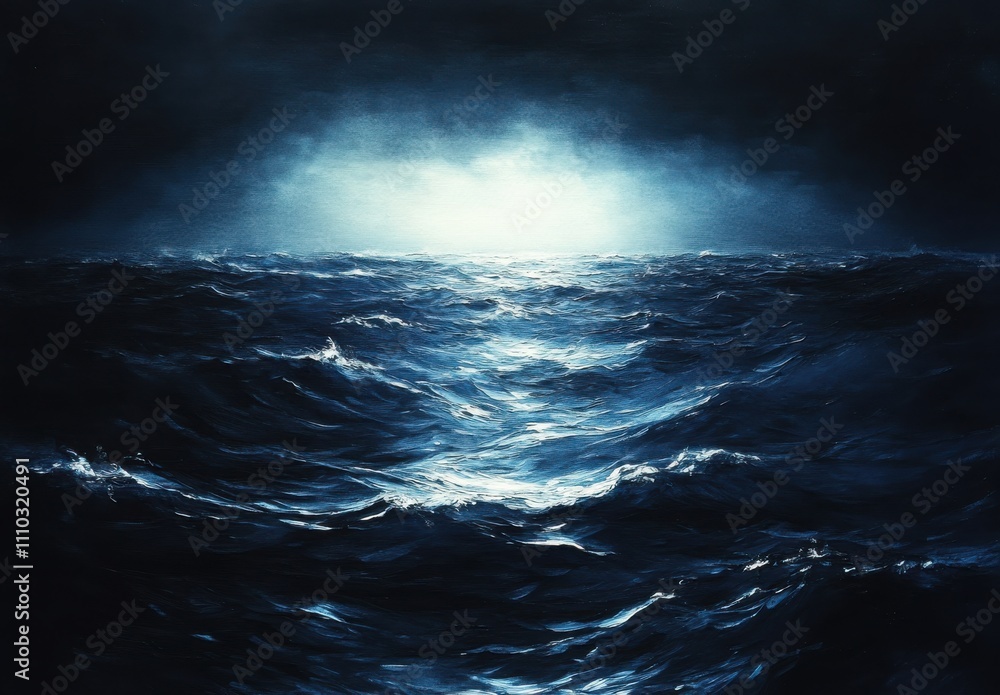 Poster serene and mysterious ocean waves under a dark stormy sky with subtle light breaking through the clo