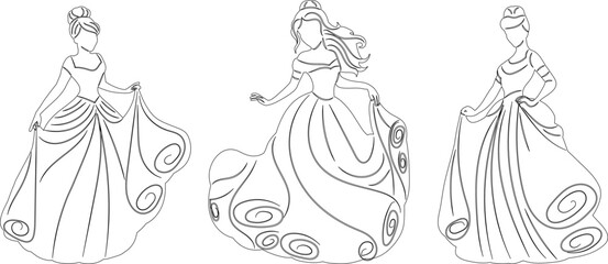 princesses in beautiful dresses sketch, outline, vector