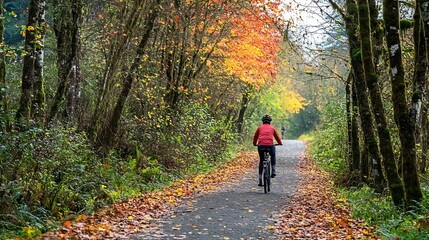 Fototapeta premium Cyclist Riding Through Autumnal Forest Path