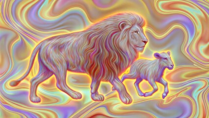 Fototapeta premium A dynamic artsy scene depicts the lion and the lamb in an abstract swirl of colorsblues and golds swirling around them representing the unity of strength and gentleness. The. Cartoon