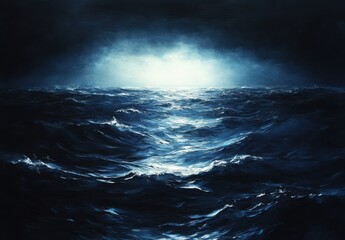 Fototapeta premium Serene and Mysterious Ocean Waves Under a Dark Stormy Sky with Subtle Light Breaking Through the Clouds in a Captivating Atmospheric Scene