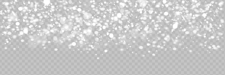 Snow and snowflakes on transparent background. Winter snowfall effect of falling white snow flakes and shining, New Year snowstorm or blizzard realistic backdrop. Christmas or Xmas holidays.
