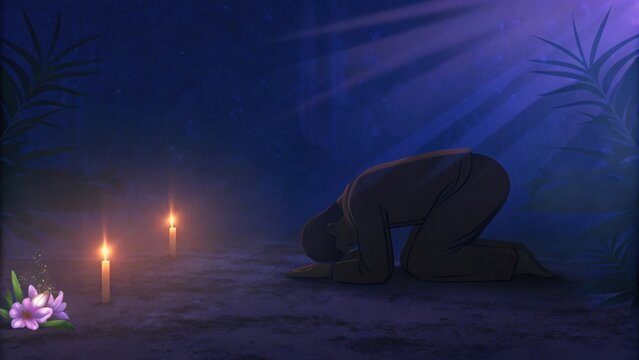 A dramatic scene showing a figure prostrated on the ground heart and soul laid in prayer. The background is deep shadows and flickering candlelight creating a sense of urgency and. Cartoon