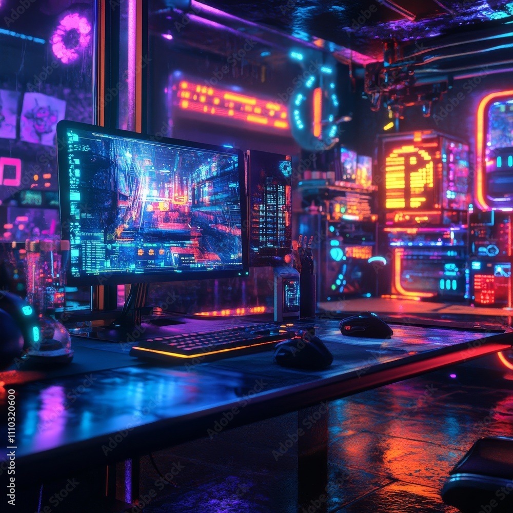 Poster modern desktop gaming setup on desk with led lights in background. modern gaming font concept on com