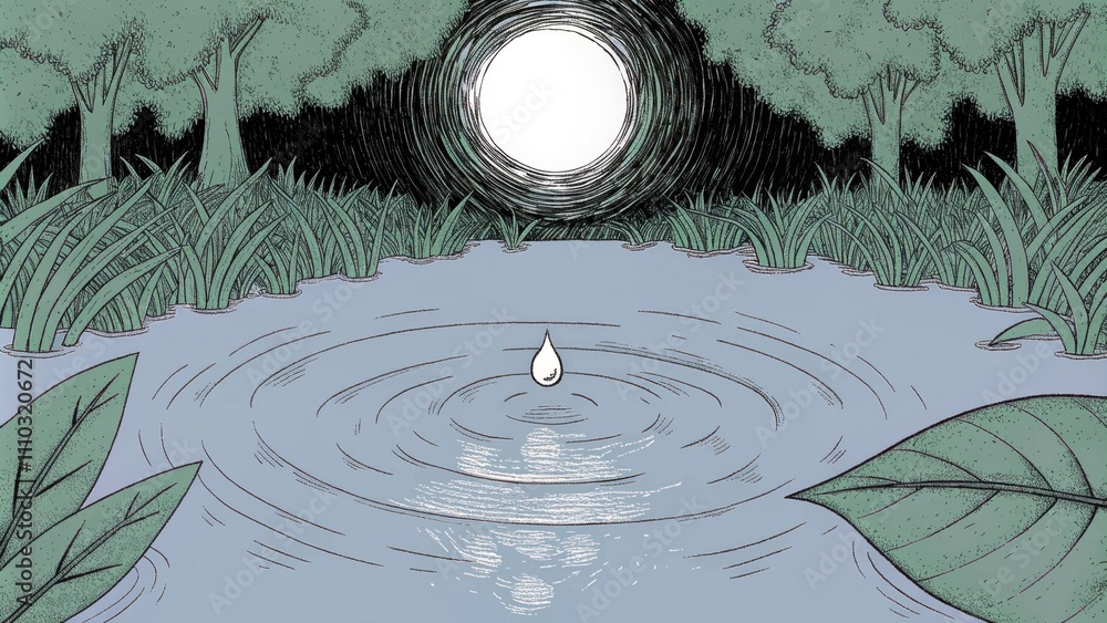 Poster a glowing moonlit creek where a drop of dew tumbles from a leaf into the flowing water below. the ri