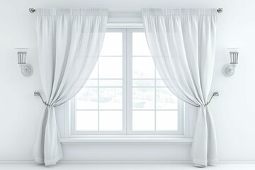 White curtains frame window; wall sconces flank.