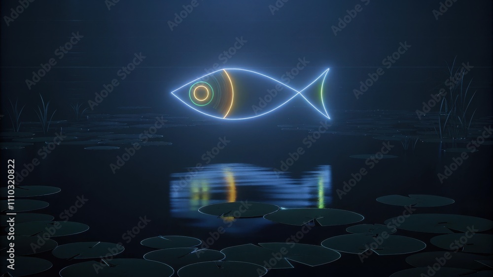 Poster A holographic fish symbol hovering above a serene pond surrounded by lily pads and gentle ripples. The symbol shifts colors from green to blue to gold reflecting a spectrum of. Cartoon