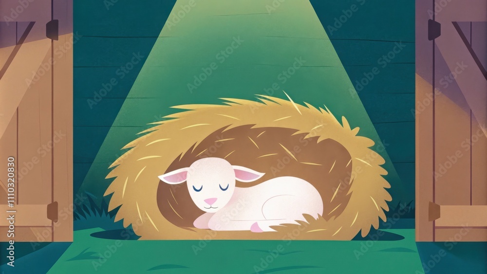 Fototapete a lamb curled up in a cozy haystack sheltered from the breeze. the soft light filters through the ba