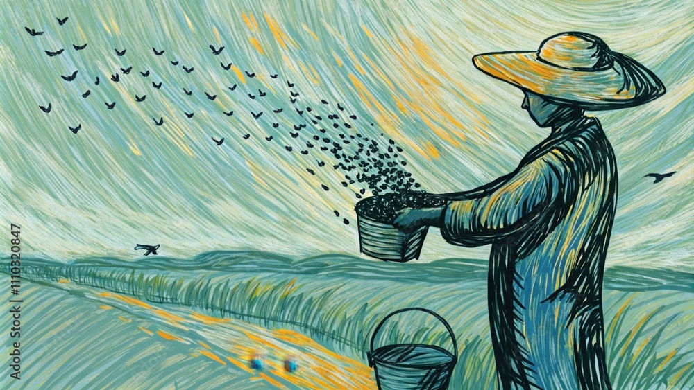 Poster a laborer with a broadbrimmed hat stands at the edge of a vast open field. with each handful of seed